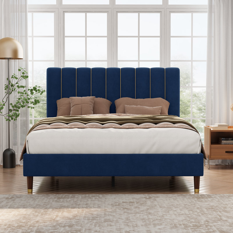 Lit plateforme tapissier Carmesa, Grand, Bleu marine