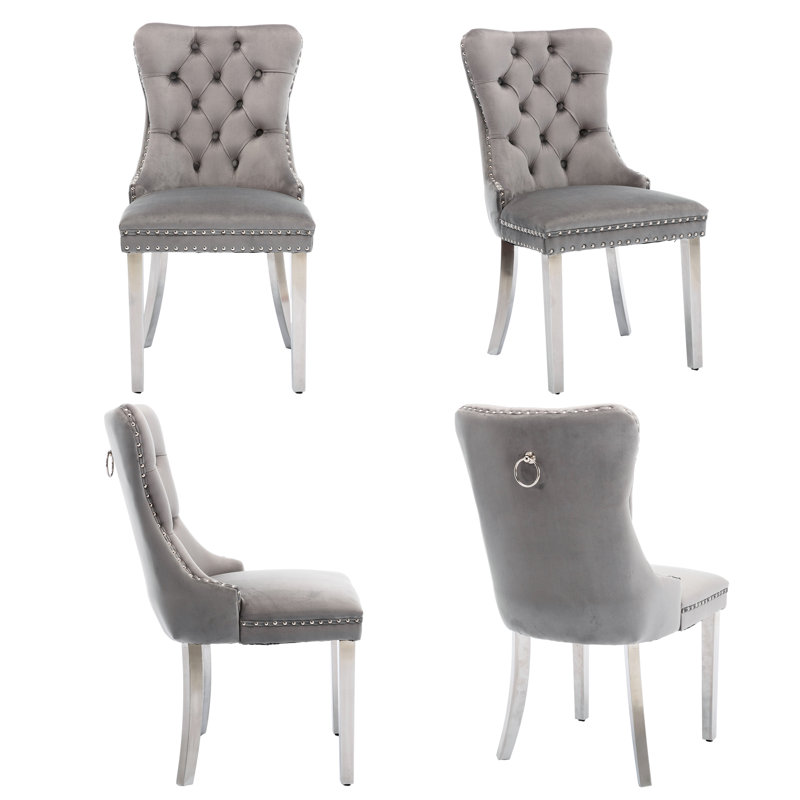 Gray Velvet Tufted Upholstered Side Chair with Silver Metal Legs, Set of 6