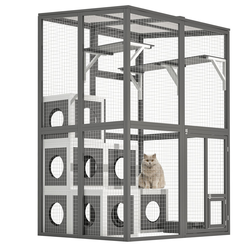 Cat Enclosure with Cozy Hiding Cubes and Three-Door Access for Multiple animal types