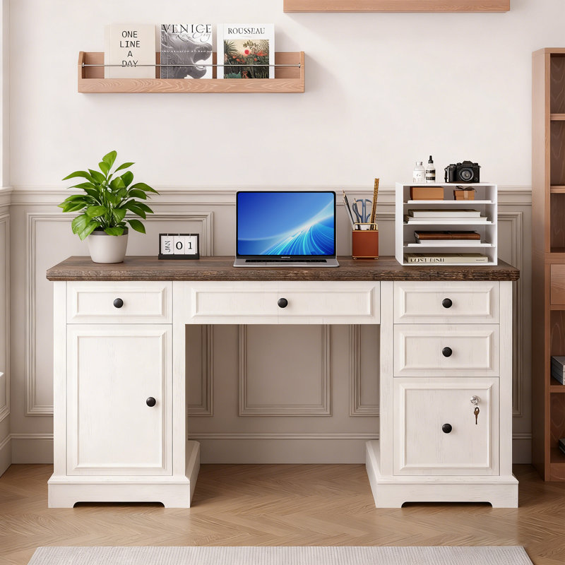 59" Farmhouse Computer Desk With Drawers & Power Outlets - Lockable File Cabinet, Rustic Wood Executive Desk, Brown/White