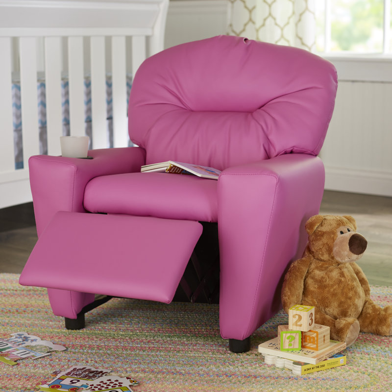 Contemporary Kids Recliner with Cup Holder, Vinyl - Hot Pink