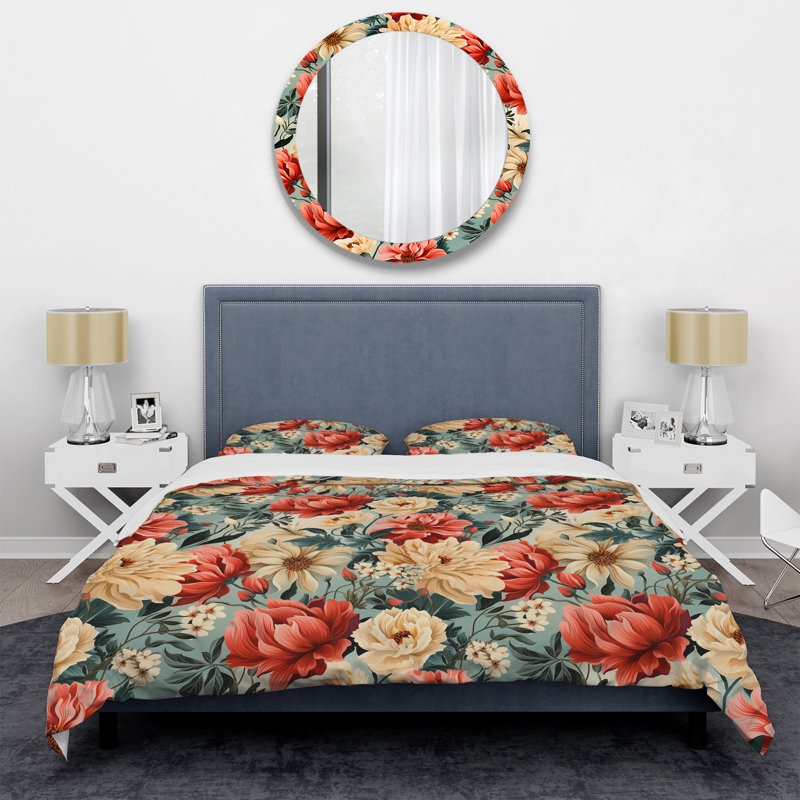 Vintage Nostalgia Beige & Coral Blooming Garden - Ensemble de housse de couette à motif floral