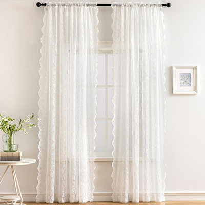 Lace Sheer Door Curtains With Rod, Luxury Vintage Floral Lace Curtains,White (2 Panels+Rod)