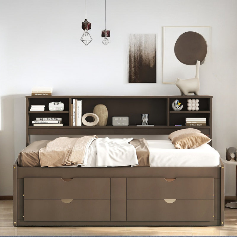 Wood Daybed With 2 Bedside Cabinets, Upper Shelves And 4 Drawers, Brown