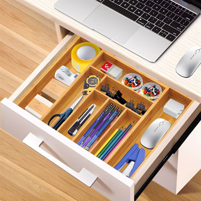 Organisateur de tiroir extensible en bois de bambou - plateau de rangement réglable, imperméable et polyvalent pour ustensiles de cuisine, chambre à coucher, bureau - finition naturelle, 6 à 8 compartiments, P 16,73 po x l 19,69 po x H 1,93 po