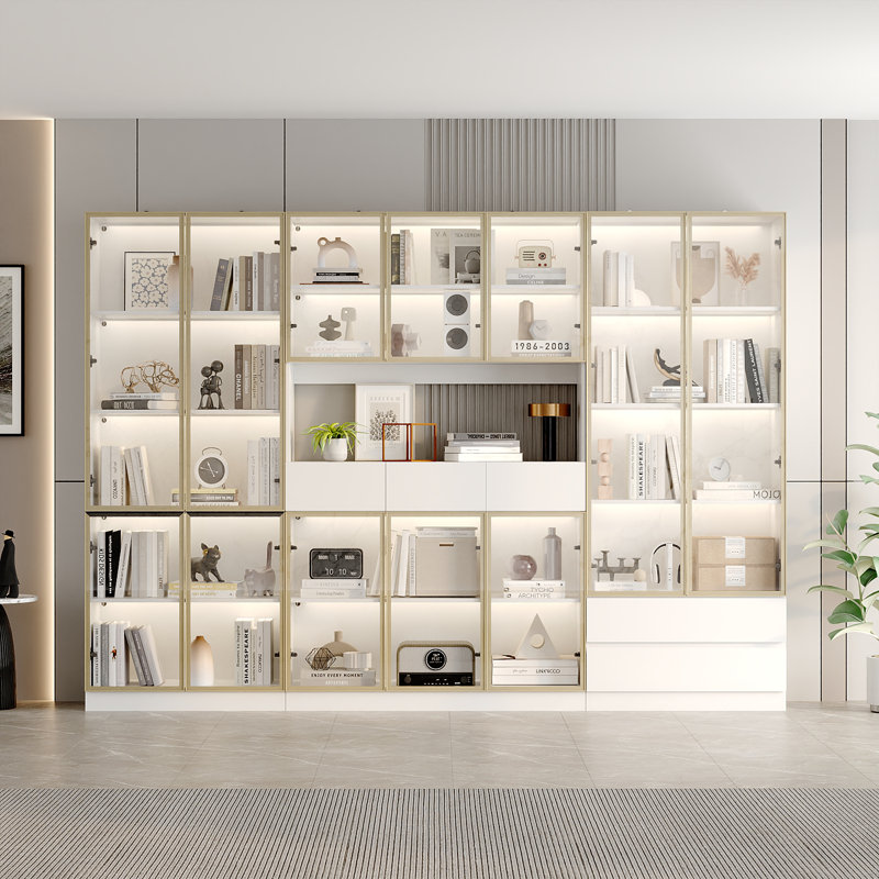 78.7'' H x 110 '' W Combination Bookcase Display Cabinet With Glass Doors & LED Lights, White