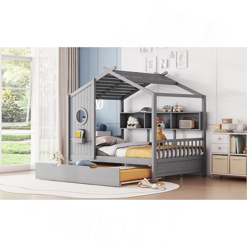 Lit double en bois avec lit gigogne et tablette de rangement Whimsical, Complète, Blanc