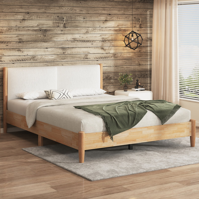 Structure de lit grand lit en bois naturel avec tête de lit tapissier blanc