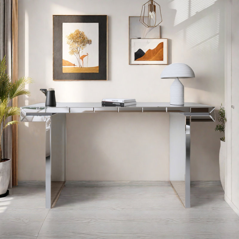 Luxury Full-length Mirror Console Table With Fluted Tempered Glass And Rounded Edge