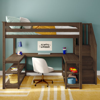 Lit mezzanine double classique haut + bureau enveloppant + escalier, noyer