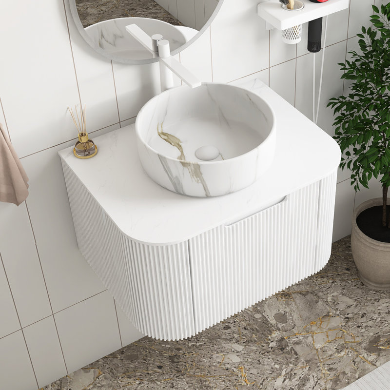 Meuble-lavabo mural avec plateau et tiroir, Blanc, Marbre, 24"
