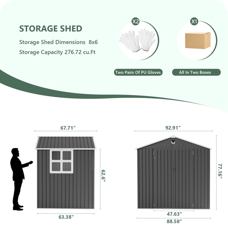 8X6ft Lockable Black Metal Shed With Built-In Window And Portable Tool Light - Spacious & Well-Lit Storage Solution