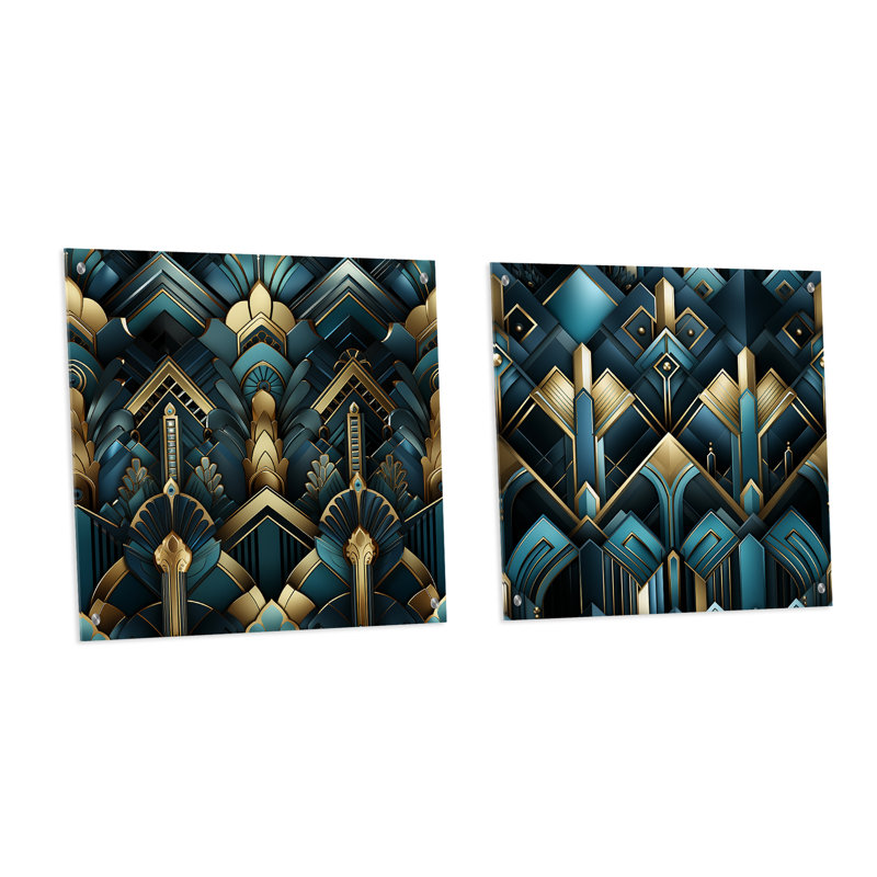 Bleu sarcelle et doré Art Deco géométrique glamour - ensemble abstrait d'art mural acrylique sur verre, H 16 po x l 33 po