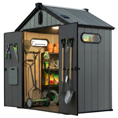 Plexalife 6×4 Heavy-Duty Outdoor Resin Storage Shed with Custom-Fit Solar Light Included Windows & Double Doors, Weatherproof & UV-Resistant Garden and Tool Shed with Metal Reinforcement & Ventilation, Light Grey - by a Trusted USA Brand.