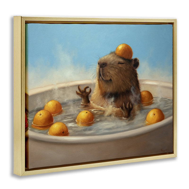 Capybara dans un cadre flottant de bain orange, design par Lucia Heffernan, H 17 po x l 21 po, Cadre flottant métallique doré