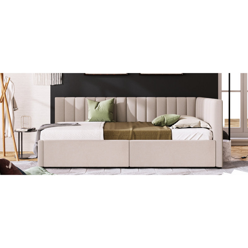 Beige Linen Twin Size Daybed With 2 Storage Compartments And Upholstered Frame - No Box Spring, Functional Contemporary Bedroom Bed In Chic Furniture