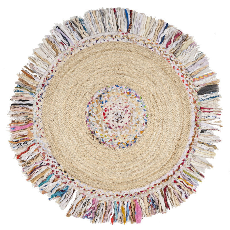 Abhay Hand Woven Jute/Cotton Rug in Light Beige/Ivory, Round 7'