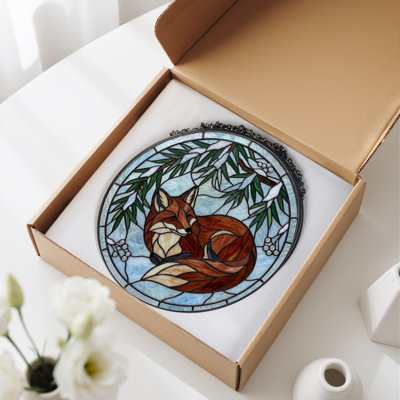Fox Winter Stained Glass Window Panel，12"H