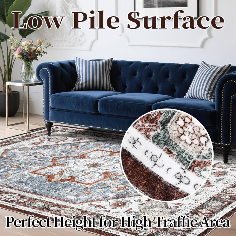 Machine Washable 5x7 Ft Vintage Boho Floral Rug, Non-Slip, Low Pile for Living Room/Bedroom/Entryway/Dining Room/Office (Red)