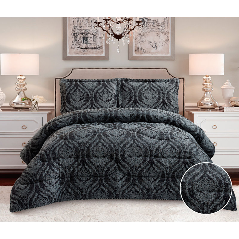 Gina Polyester Damask Bedspread with Pillow Shams, Black, 220 x 240 cm Bedspread - 2 Pillowcases