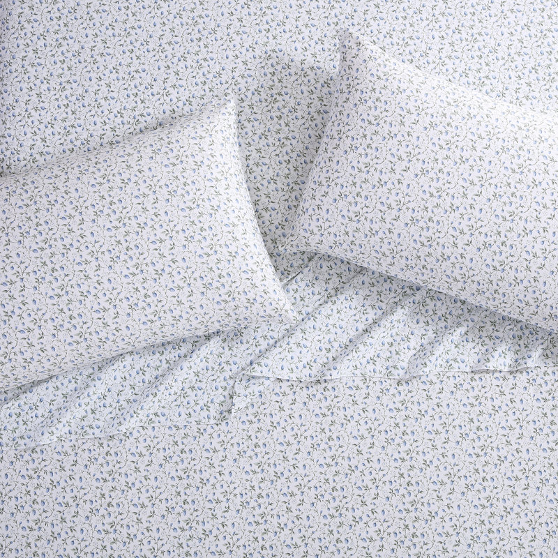 Blue Floral Print Cotton Queen Sheet Set