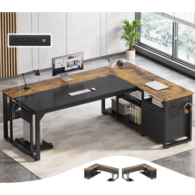 71" Executive Desk With Power Outlets, Modern L Shaped Office Desk With File Drawers And Pegboard