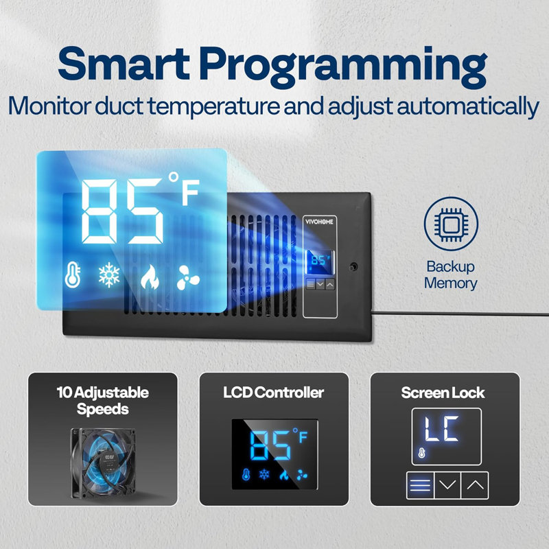Quiet Register Booster Fan With Intelligent Thermostat, Black