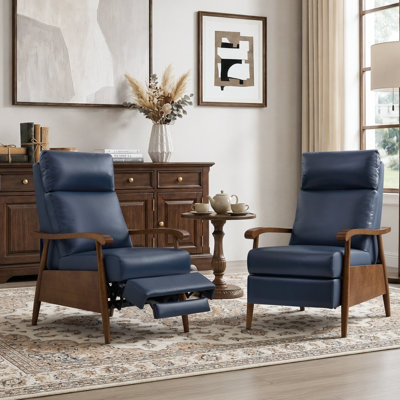 Véritable fauteuil inclinable en cuir véritable de qualité supérieure, fauteuil inclinable manuel à dossier haut Mid-Century en bois de noyer massif, méridienne réglable à 3 positions pour petit salon, chambre à coucher et coin lecture (ensemble de 2)