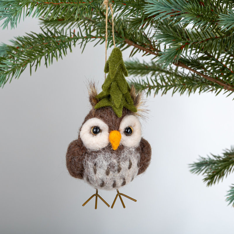 Wool Felt Owl With Tree Hat Ornament