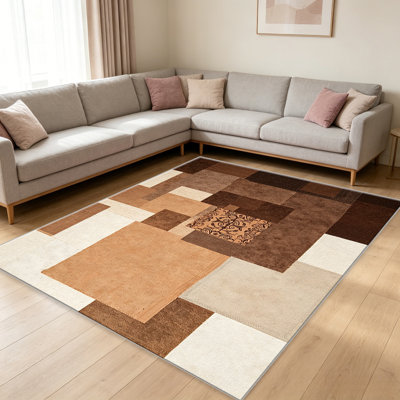 Tapis modernes modernes en patchwork beige pour le salon, doux et confortable, convenant à toutes les saisons, facile à entretenir, tapis de sol intérieur lavable à la machine, sous la table de ferme convenant à la chambre à coucher, à la salle à manger, au bureau, au patio, au balcon, à la décoration intérieure