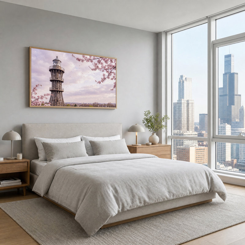 Observation Tower Framed by Pink Cherry Blossoms Canvas Wall Art