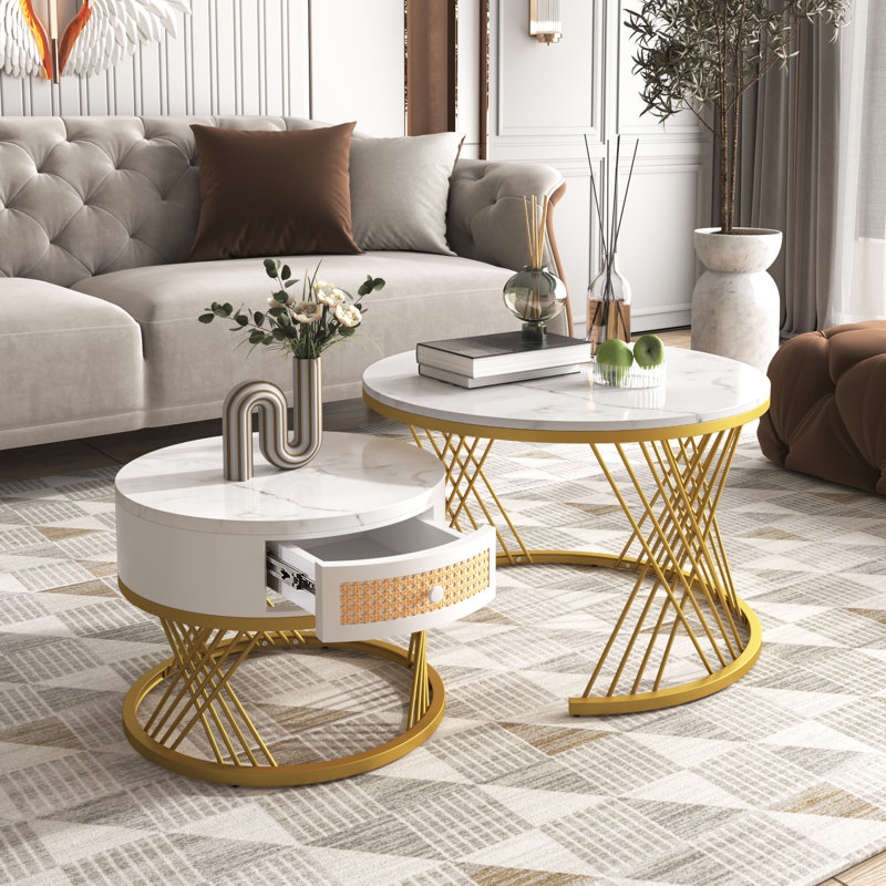 Round Nesting Coffee Table Set Marble Effect Rattan Drawer Gold Metal Legs Side End Units Living Room Lounge Base, White & Gold