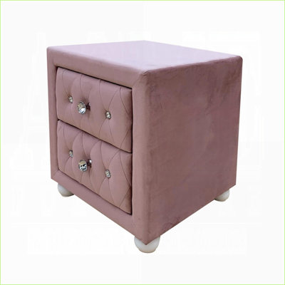 Pink Fabric Upholstered Bedroom Nightstand with 2 Drawers &amp; Crystal Knobs