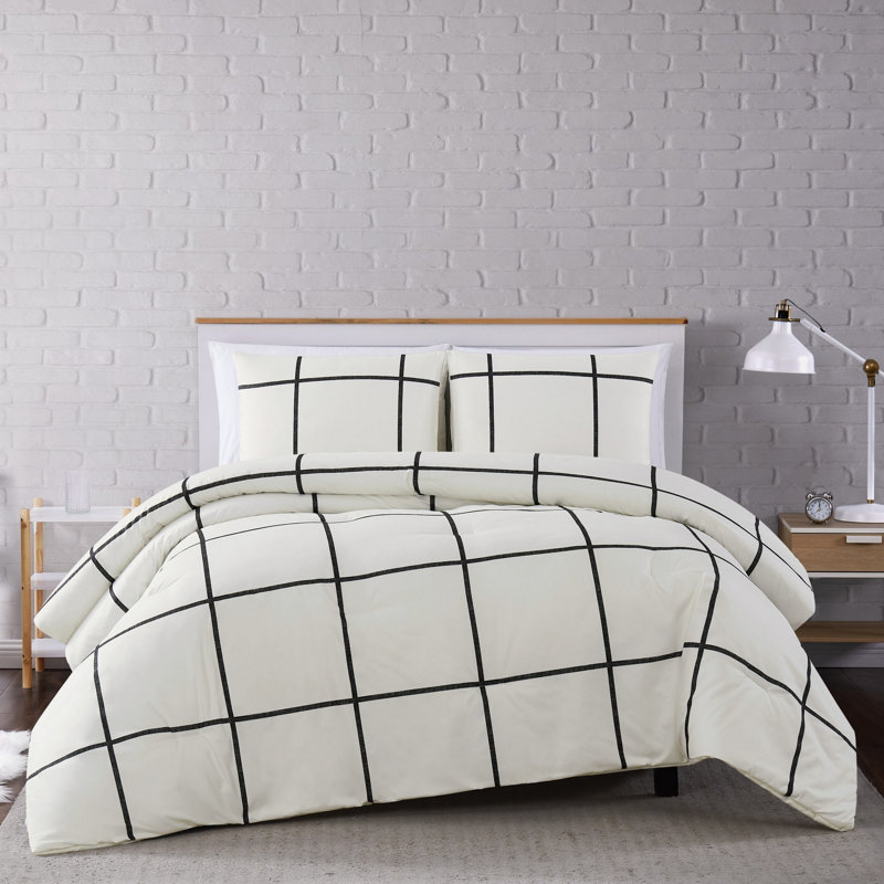  Ensemble de courtepointe en microfibre ivoire / noir Windowpane, Courtepointe simple TG + 1 taie décorative