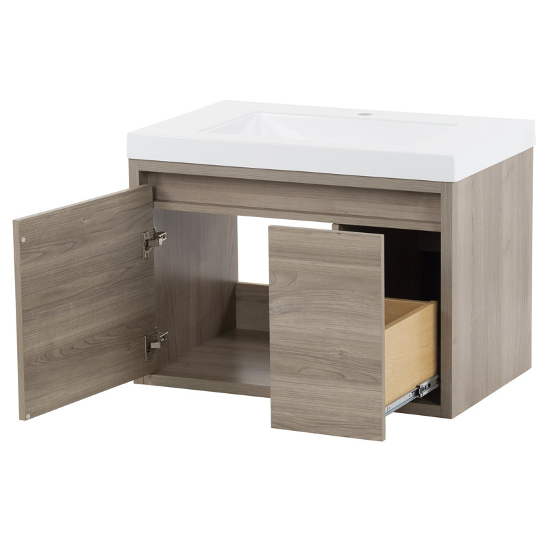 Meuble-lavabo mural simple 30,5 po avec plateau en marbre de culture, Orme de forêt