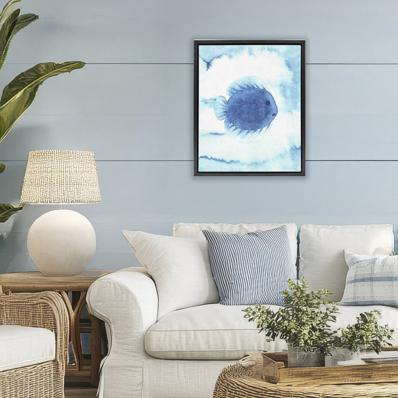 Cadre flottant rond à motif de poisson bleu, design par Camila Juncos, Cadre flottant noir de jais, H 21 po x l 17 po