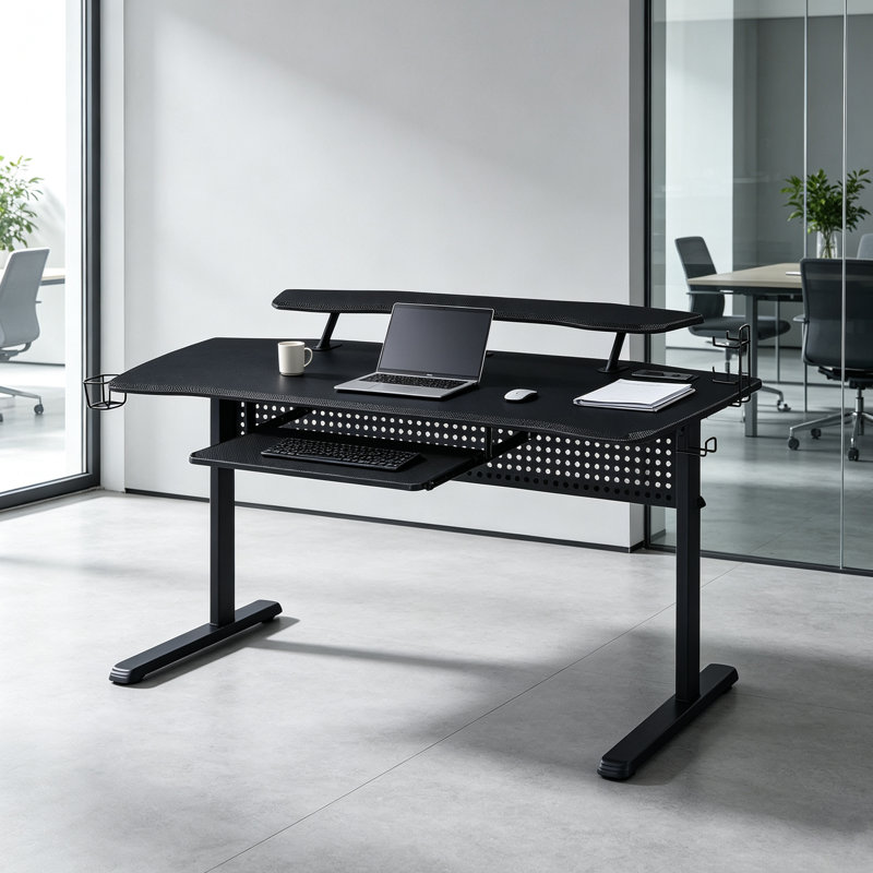 Bureau d'ordinateur noir avec plateau pour clavier, support pour écran et crochets pour casques
