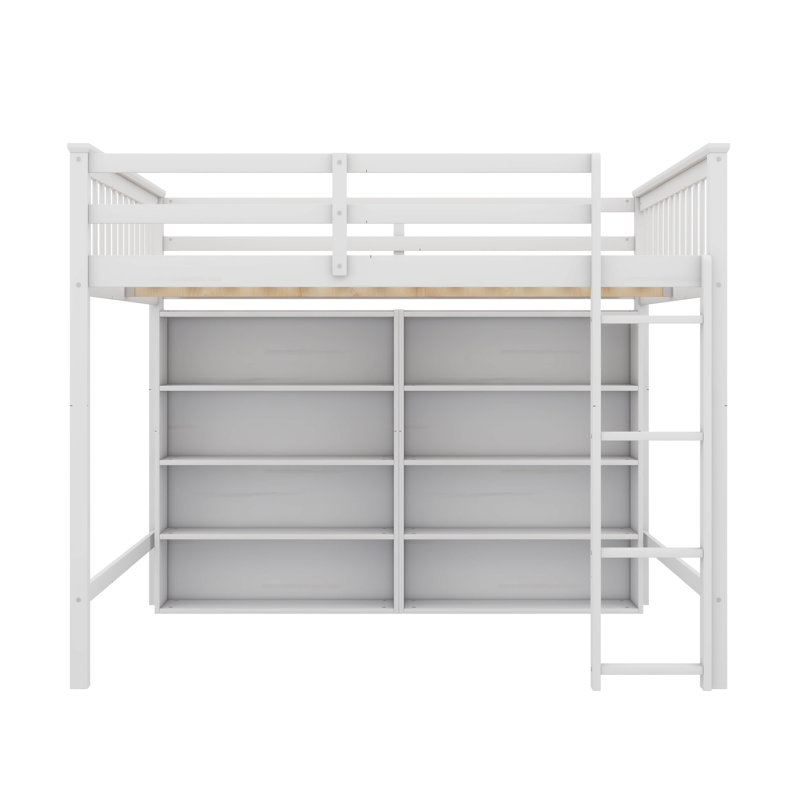 Lit mezzanine Jimmya avec 8 tablettes de rangement ouvertes et échelle intégrée, Simple, Gris antique