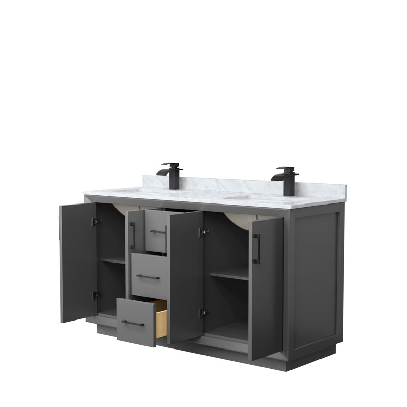 Ensemble de meuble-lavabo double 60 po Strada_ Marbre de Carrare blanc, Gris foncé, Noir, noir, noir, noir