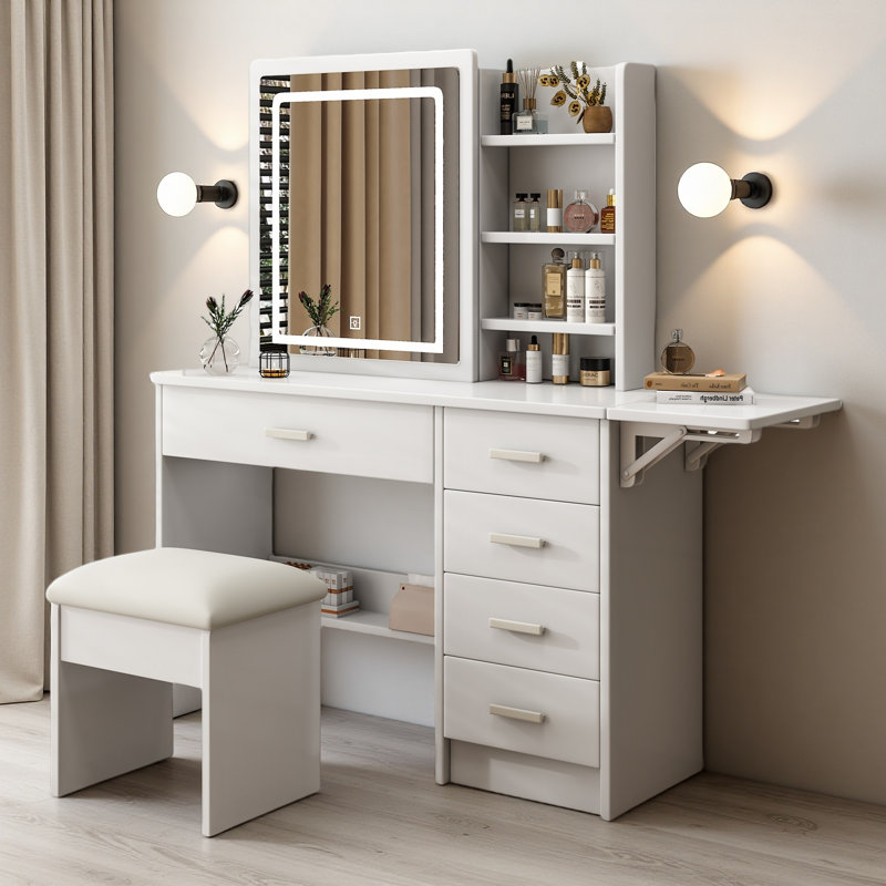 Fashion Vanity Desk With Mirror And Lights For Makeup With Open Shelves And Chair, Vanity Mirror With Lights And Table Set With 3 Color Lighting Brightness Adjustable, 5 Drawers, White Color