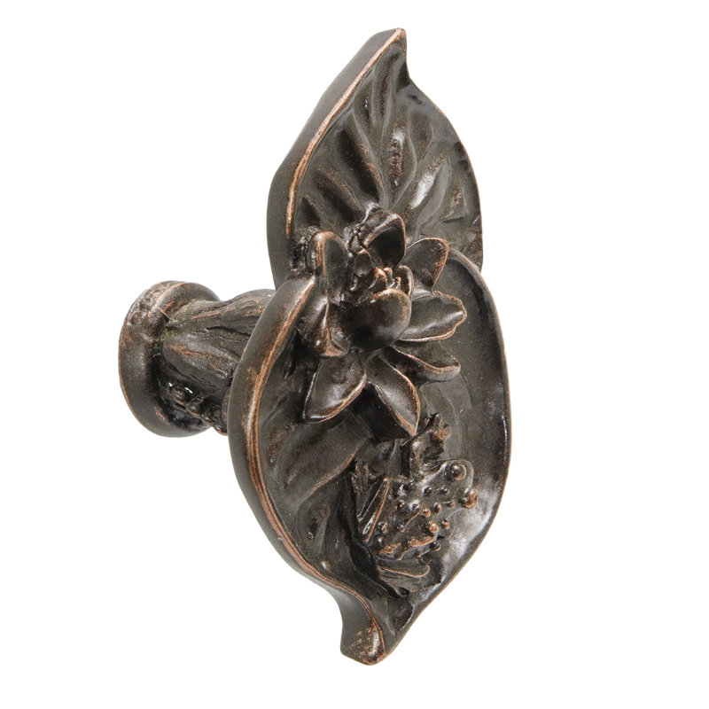 Nénuphars; Double nénuphar et grande poignée grenouille au fini bronze huilé, Bronze huilé