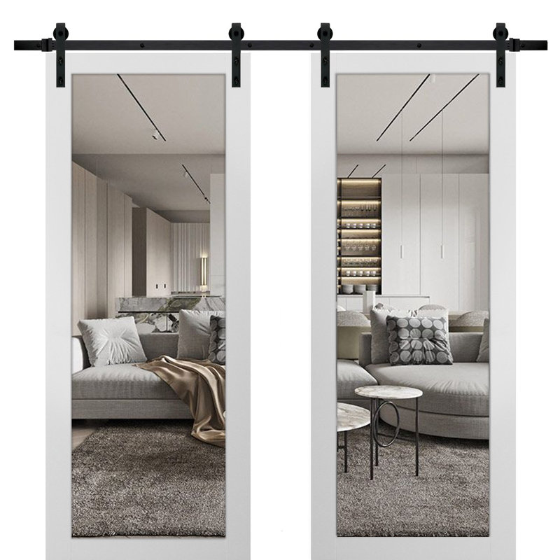 Lucia Clear Glass Barn White Doors with Installation Hardware Kit, 60" x 84", Black