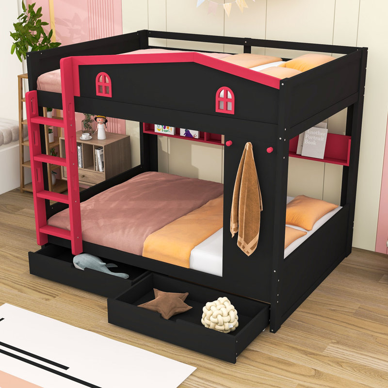 Bunk Bed with Storage Drawers and Shelves, Queen, Black/Red