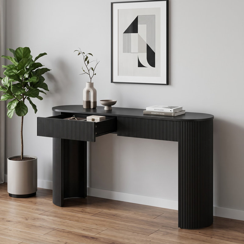 Console moderne avec façades de tiroir cannelées, plateau de table ovale et pieds courbés de style colonne - Table de rangement d'entrée avec 2 tiroirs pour le salon et le couloir
