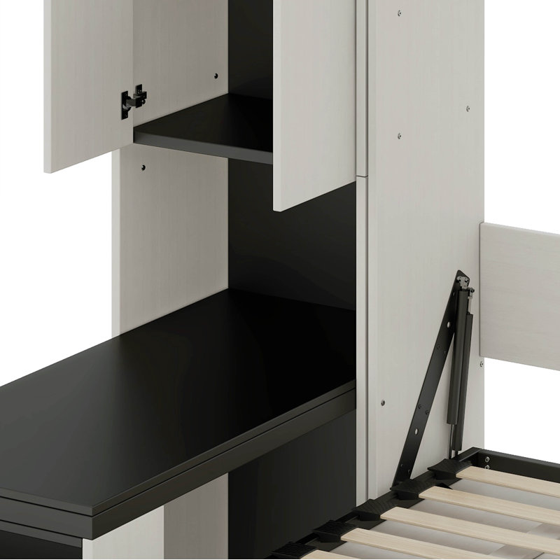 Lit escamotable double en bois avec bureau, tablettes et armoires de rangement