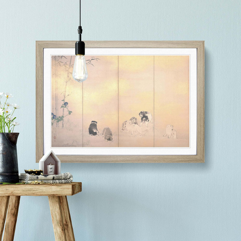 Puppies by Takeuchi Seiho - Picture Frame Painting Print, 27cm H x 36cm W x 2cm D, Oak Framed