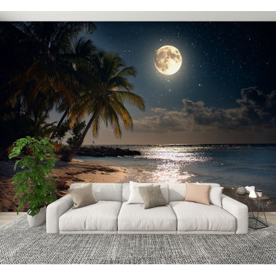 Peel and Stick Wallpaper beach full moon Moonlight Tropical Wall Murals 100"H x 144"W Removable PVC Wall Paper Self-Adhesive Wall Paintings Art Decor for Bedroom Living Room Nursery