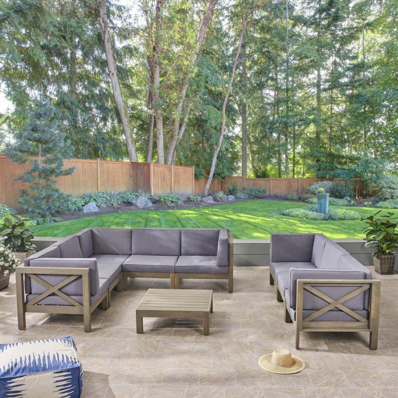Carlton Acacia 8 - Person Patio Conversation Set with Cushions, Gray Frame / Dark Gray Cushion