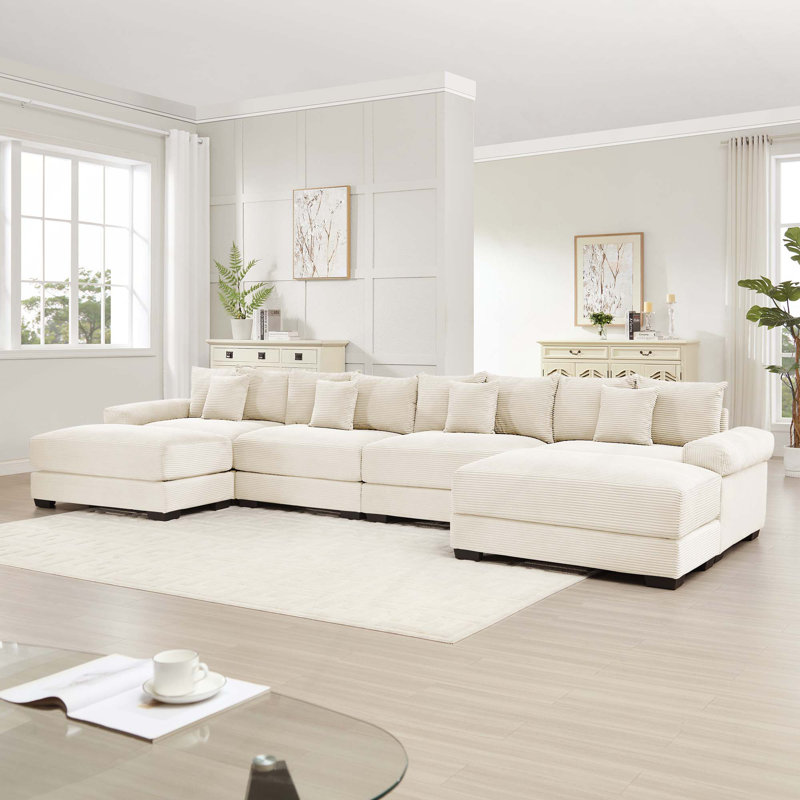 Canapé modulaire surdimensionné en velours côtelé 4 places avec accoudoirs extra-épais et 2 repose-pieds Premium, Cream