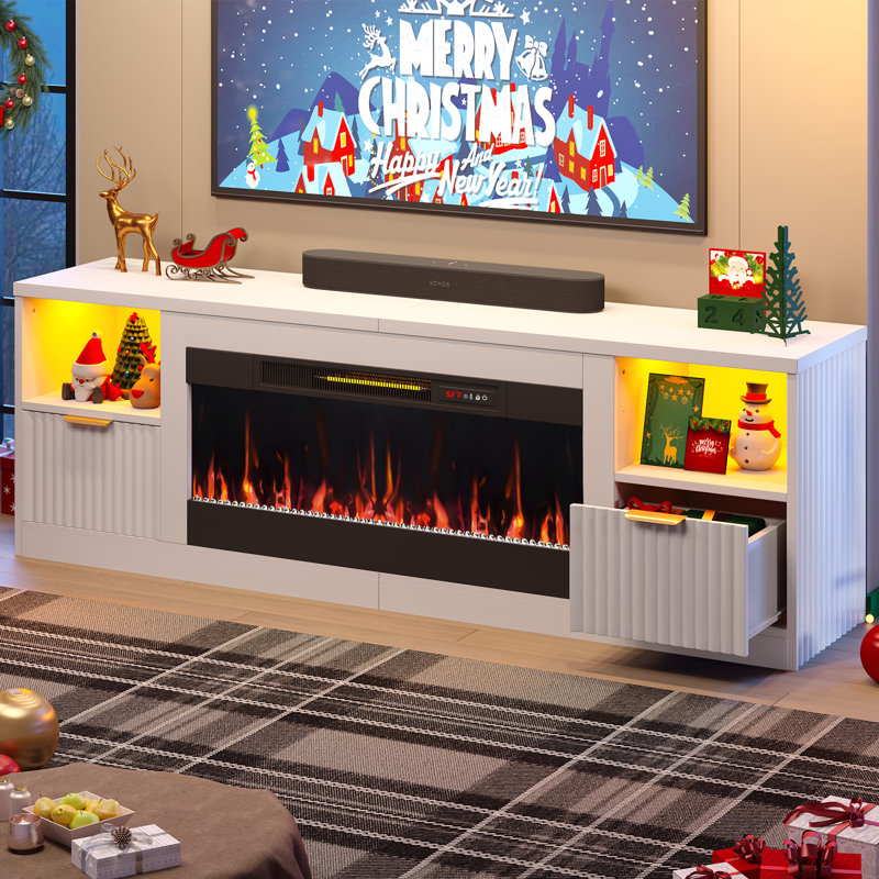 White Modern Fluted Fireplace TV Stand with Gold Handles